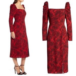 New Leith Spatter Print Square Neck Long Sleeve Midi Dress black red size small